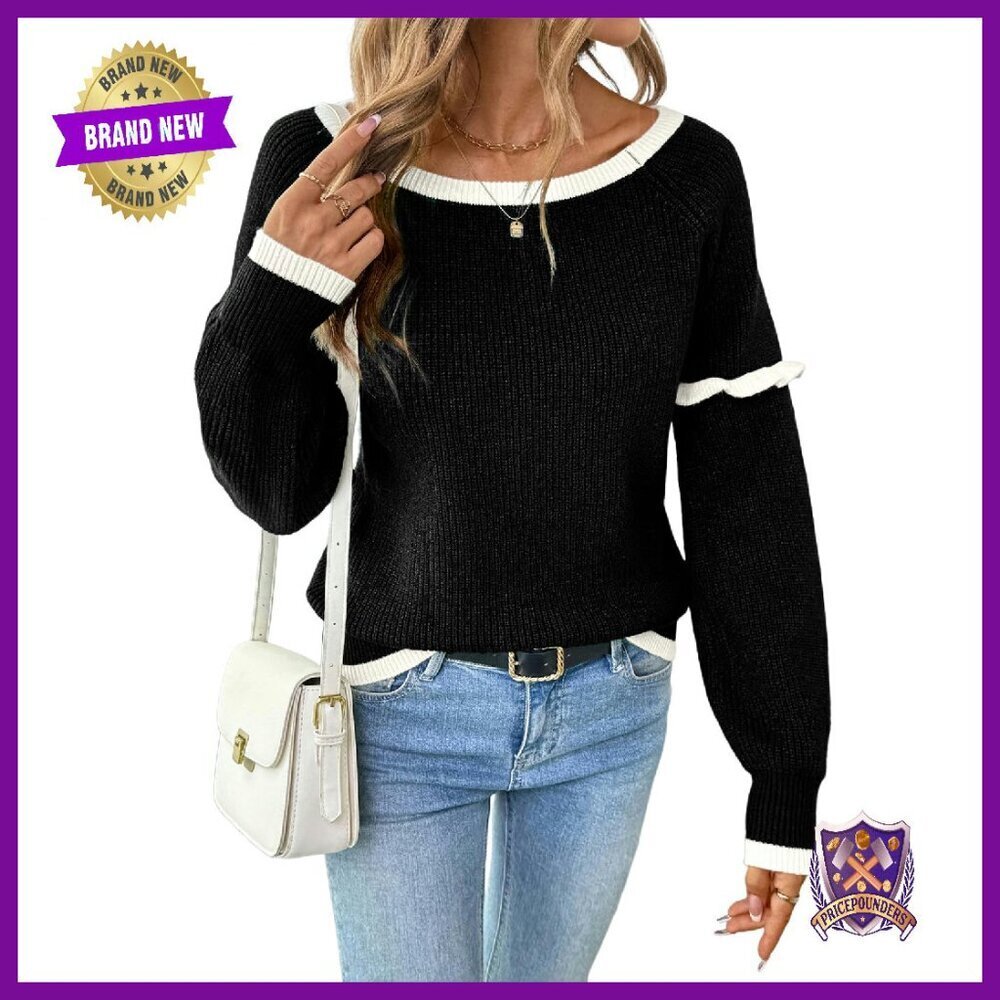 Long Sleeve Crewneck Sweater Ruffle Off Shoulder Knit Top Women's Fall Winter